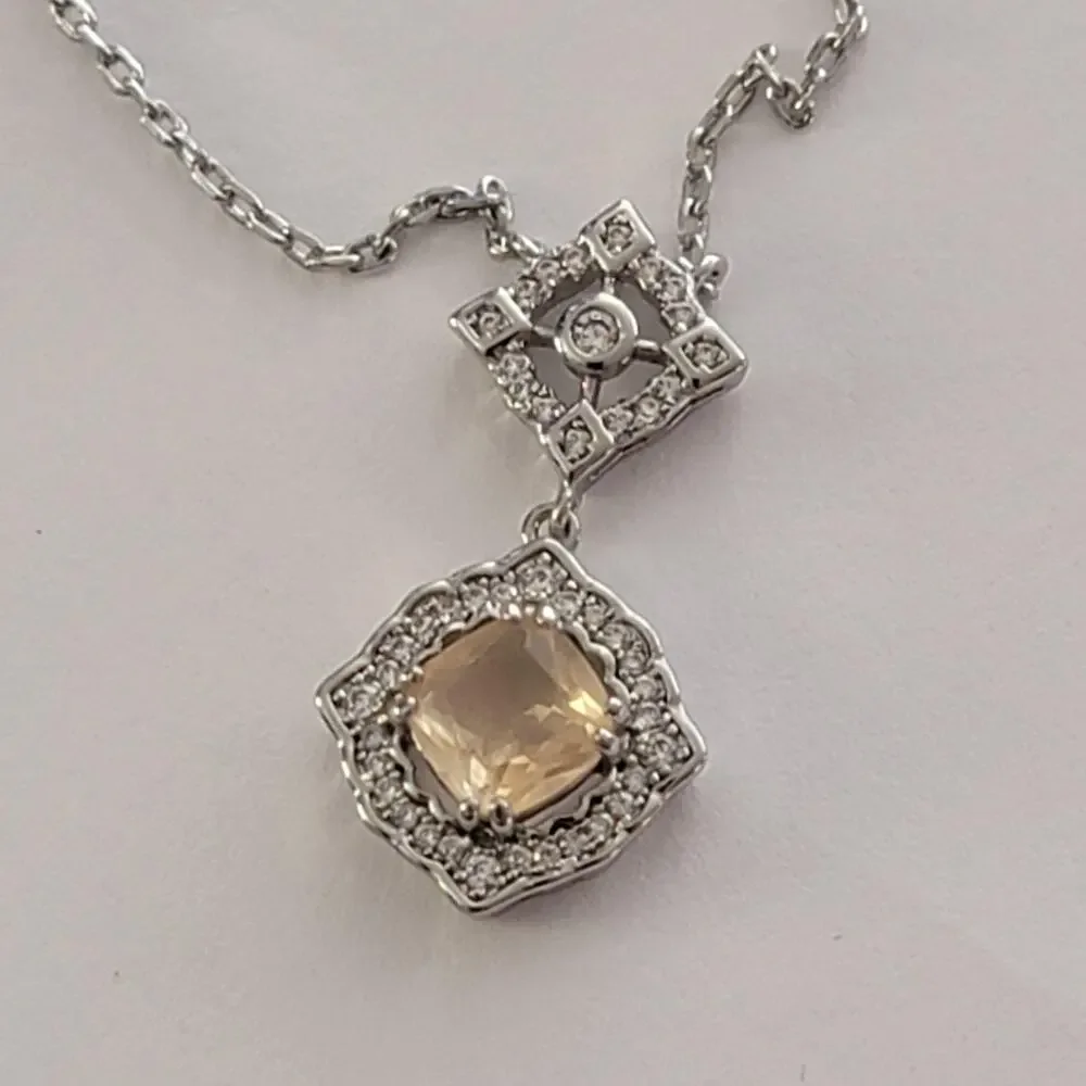 Womens Watch Champagne Stone Silver Pendant Sterling Chain Halo Dress Formal
